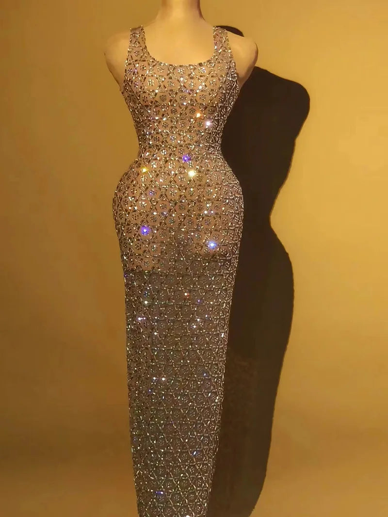 Costume Nightclub Bar Full Diamond Slim Fit Dress Singer Model Walk Show Banquet Party Birthday Outfits Wedding Guest Long Dress